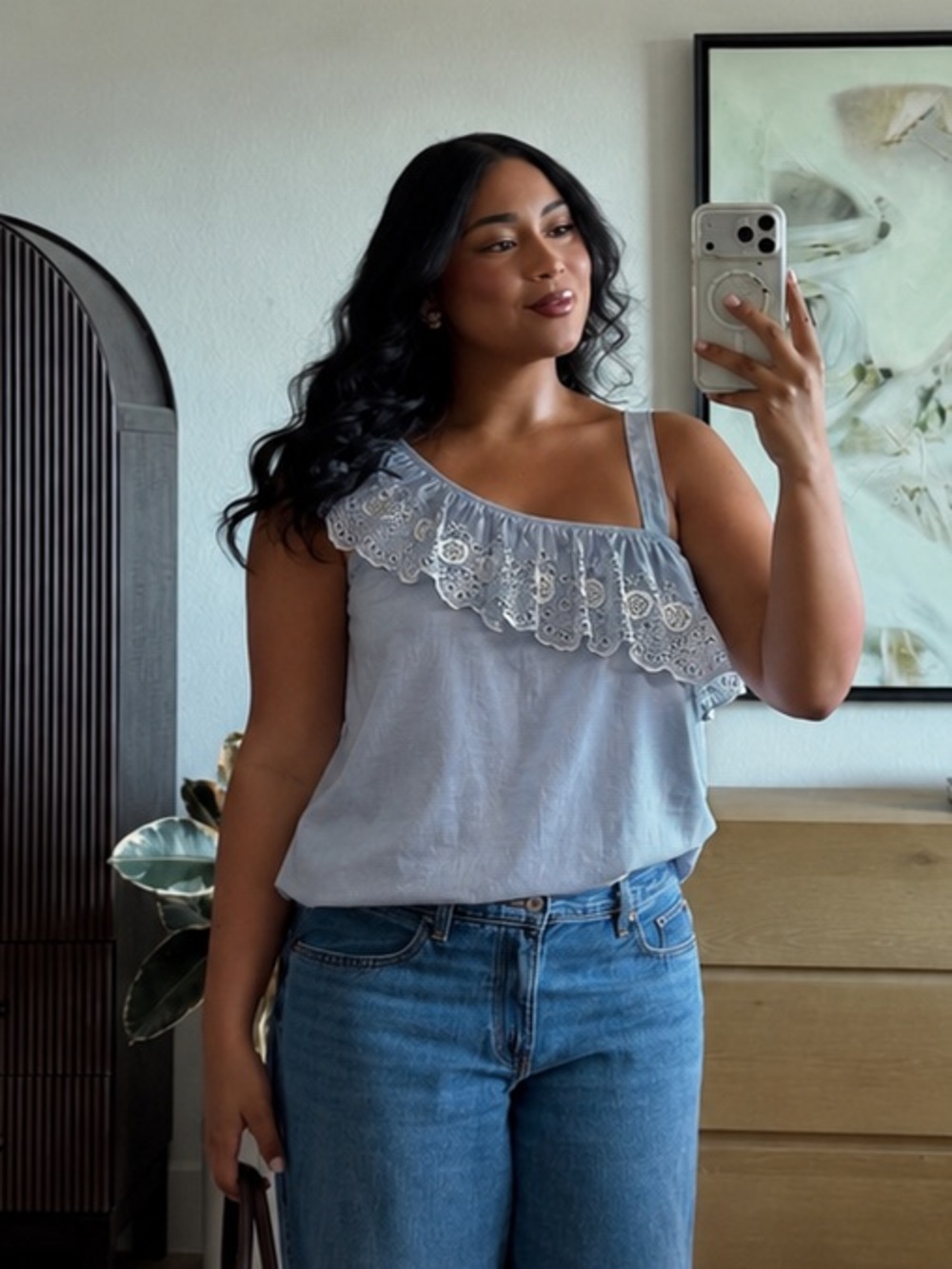 Cleo Light Blue One Shoulder Ruffle Top with White Eyelet Lace Trim Cottagecore